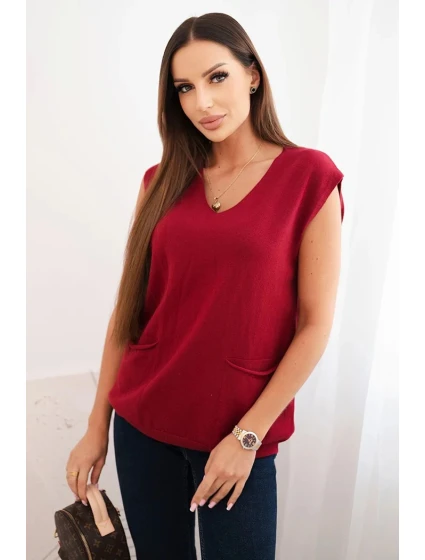 Dámský viskózový svetr bez rukávů s kapsami a V výstřihem bordový Dámský viskózový svetr bez rukávů s kapsami a V výstřihem bordový