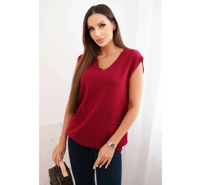 Dámský viskózový svetr bez rukávů s kapsami a V výstřihem bordový Dámský viskózový svetr bez rukávů s kapsami a V výstřihem bordový