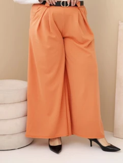 Dámské kalhoty Plus Size viskózové s širokou nohavicí a pásem meruňkové