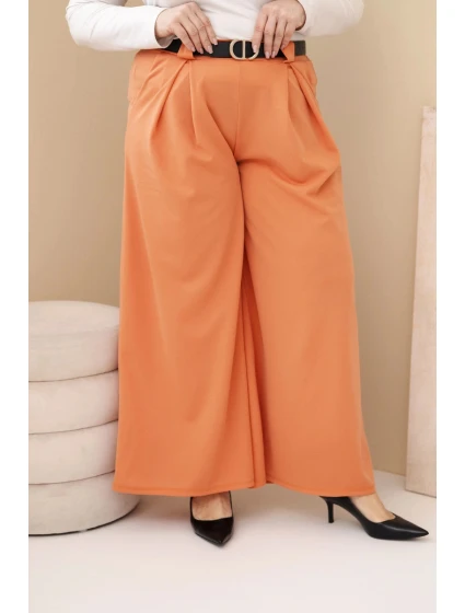 Dámské kalhoty Plus Size viskózové s širokou nohavicí a pásem meruňkové