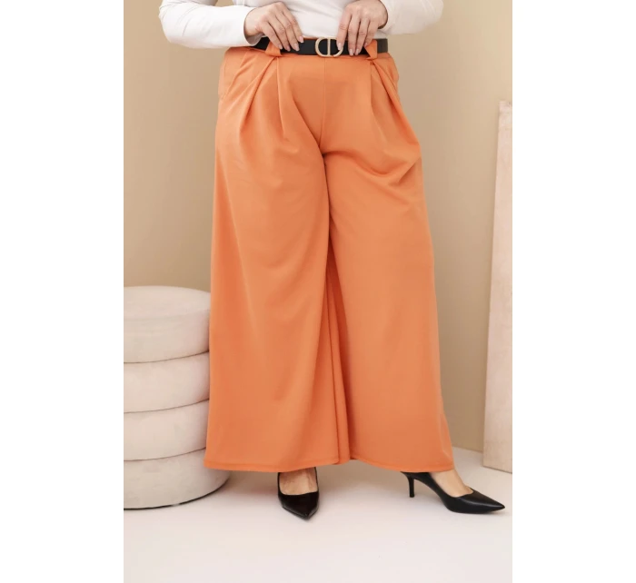 Dámské kalhoty Plus Size viskózové s širokou nohavicí a pásem meruňkové