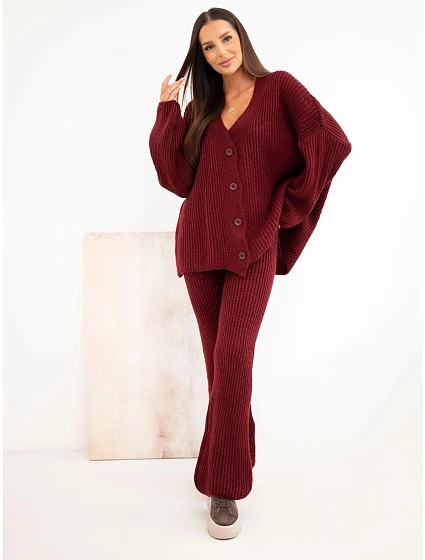 Dámská pletená souprava s model 22552620 a širokými kalhotami bordó - K-Fashion Dámská pletená souprava s model 22552620 a širokými kalhotami bordó - K-Fashion
