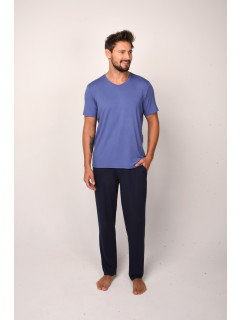 Pánské pyžamo Dallas, krátký rukáv, dlouhé kalhoty - modrá/námořnická modrá