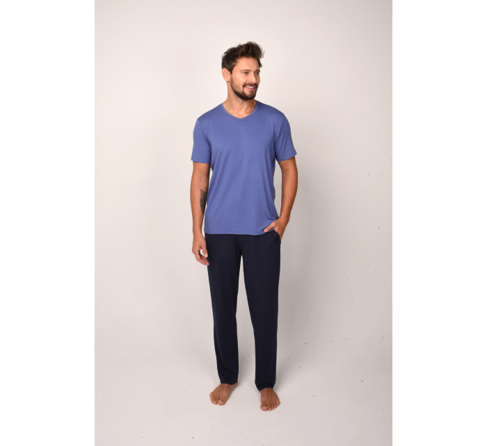 Pánské pyžamo Dallas, krátký rukáv, dlouhé kalhoty - modrá/námořnická modrá