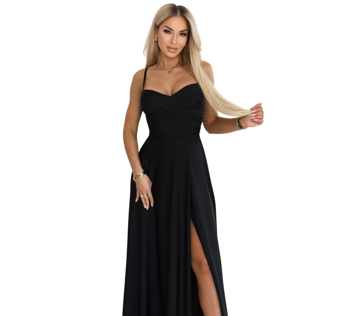 646-4 Dlouhé společenské šaty bez ramínek s rozparkem na nohou - černé