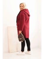 Dámský kabát Plus Size z umělého beránka s kapucí a kapsami bordový