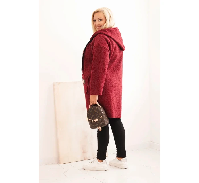 Dámský kabát Plus Size z umělého beránka s kapucí a kapsami bordový