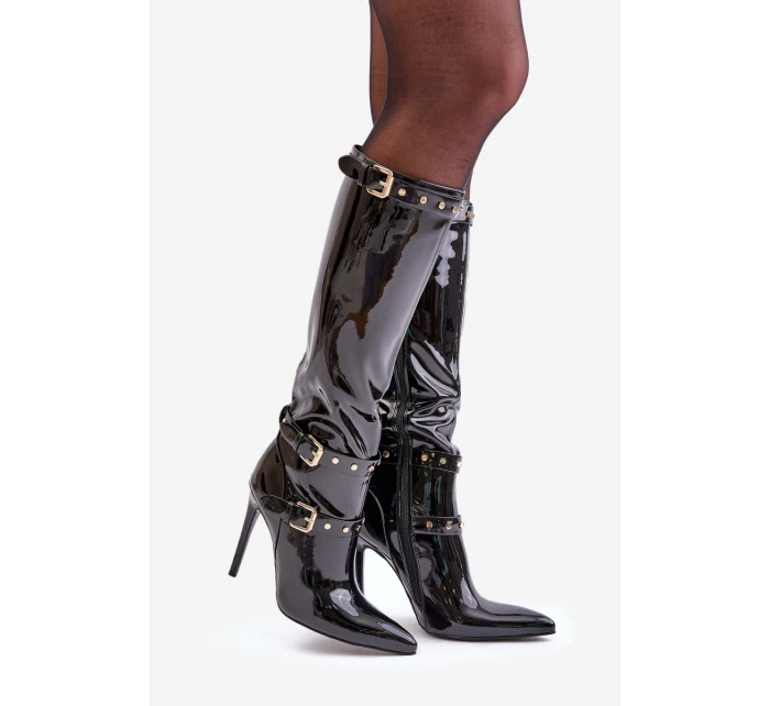 Lakované kozačky na jehlovém podpatku s přezkami černé model 21679210 - Boto