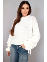 Dámský svetr s příměsí mohairu s model 21857677 pletením a ozdobnými rukávy ecru - K-Fashion