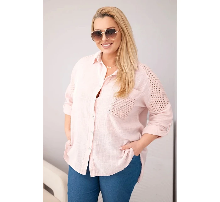 Dámská bavlněná košile Plus Size s límečkem a krajkovým vsazením tmavě pudrově růžová