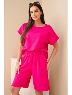 Dámský bavlněný komplet — tričko s krátkým rukávem a kraťasy s gumou v pase fuchsiová