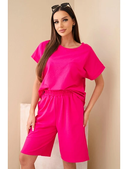 Dámský bavlněný komplet — tričko s krátkým rukávem a kraťasy s gumou v pase fuchsiová
