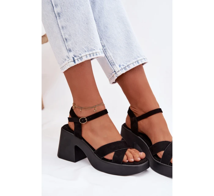 Dámské sandály s masivním podpatkem z eko semiše Černé Tereza