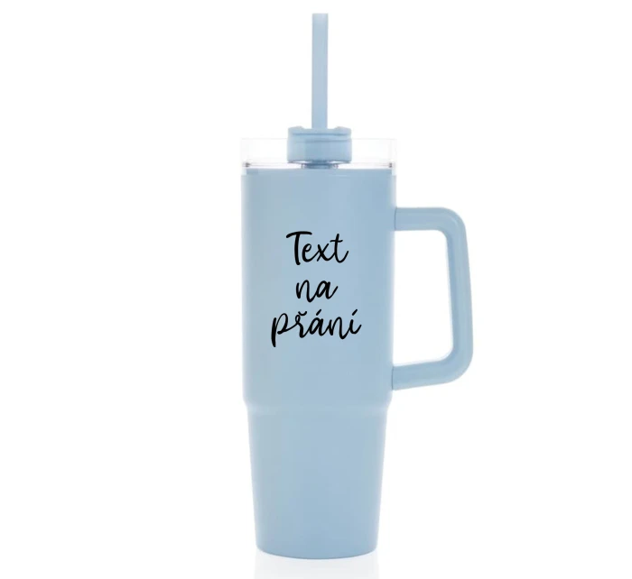 TEXT NA PŘÁNÍ - světle modrý cestovní termohrnek s průhledným víčkem 900 ml  