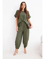 Komplet z viskózy halenka + kalhoty světle khaki