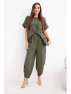 Komplet z viskózy halenka + kalhoty světle khaki