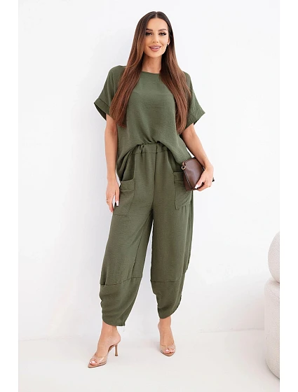 Komplet z viskózy halenka + kalhoty světle khaki