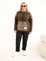 Dámská mikina Plus Size z viskózy s kapucí a leopardími vsadkami hnědá Dámská mikina Plus Size z viskózy s kapucí a leopardími vsadkami hnědá