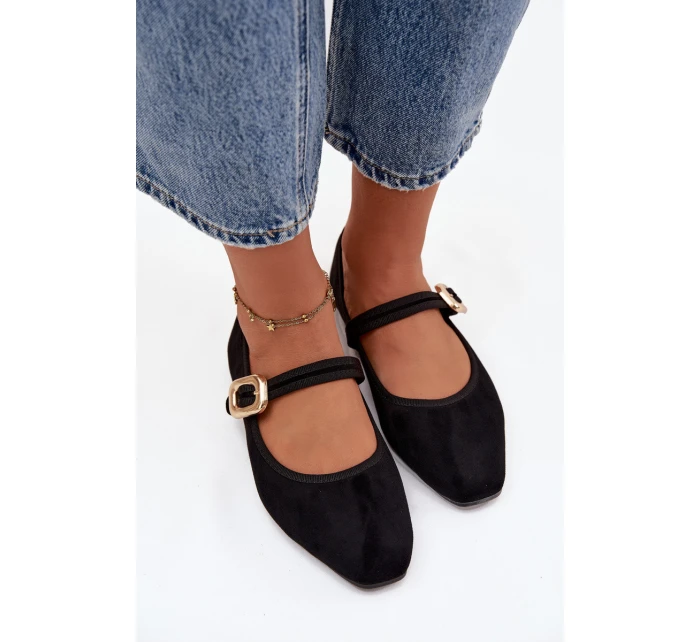 Baleríny s páskem a zlatým sponou Eko semišové Černé model 21744471 - Boto