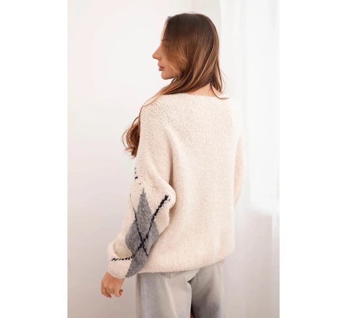 Dámský svetr na knoflíky s diamantovým vzorem z vlny béžový