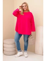 Dámská blůza Plus Size s bavlnou, kapsou a ohrnovaným rukávem fuchsie