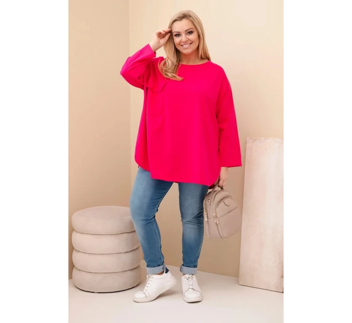 Dámská blůza Plus Size s bavlnou, kapsou a ohrnovaným rukávem fuchsie