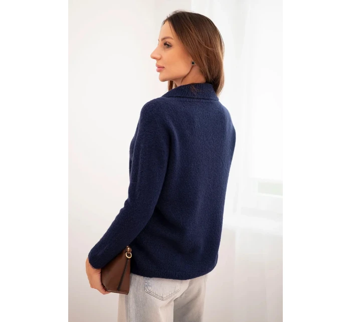 Dámský svetr z baby alpak s límcem a V výstřihem modrý