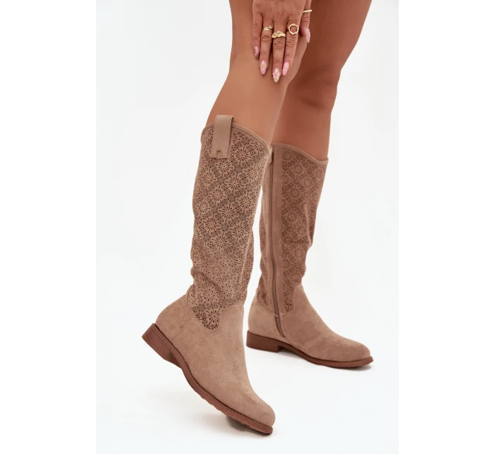 Dámské kozačky s na nízkém podpatku béžové model 21713453 - S.Barski Dámské kozačky s na nízkém podpatku béžové model 21713453 - S.Barski