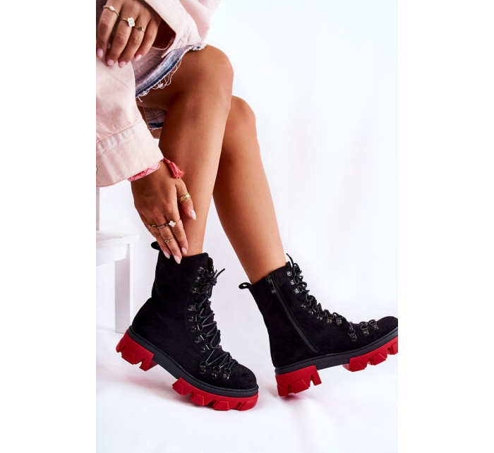 Teplé semišové boty dělnické vázané černé-Červené Pierro