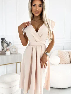 SCARLETT Rozšířené béžové dámské šaty s výstřihem a páskem model 19709648 - numoco