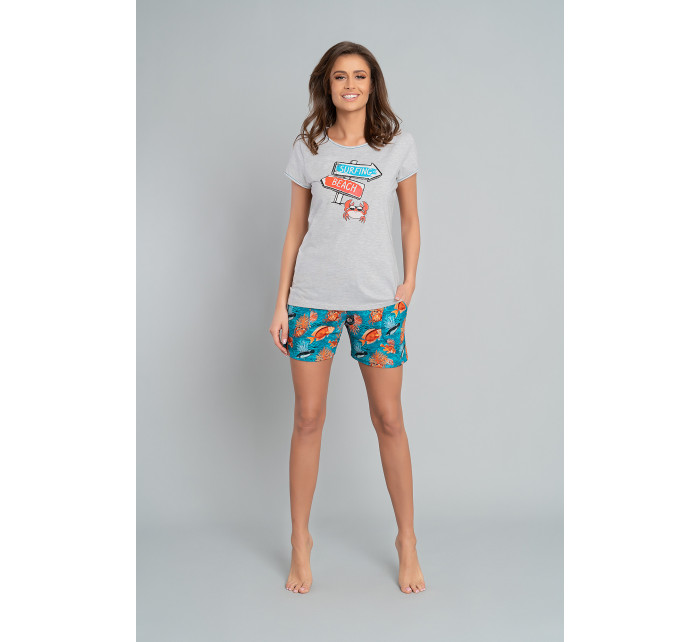 Dámské pyžamo Oceania, krátký rukáv, krátké kalhoty - světlá melanž/potisk