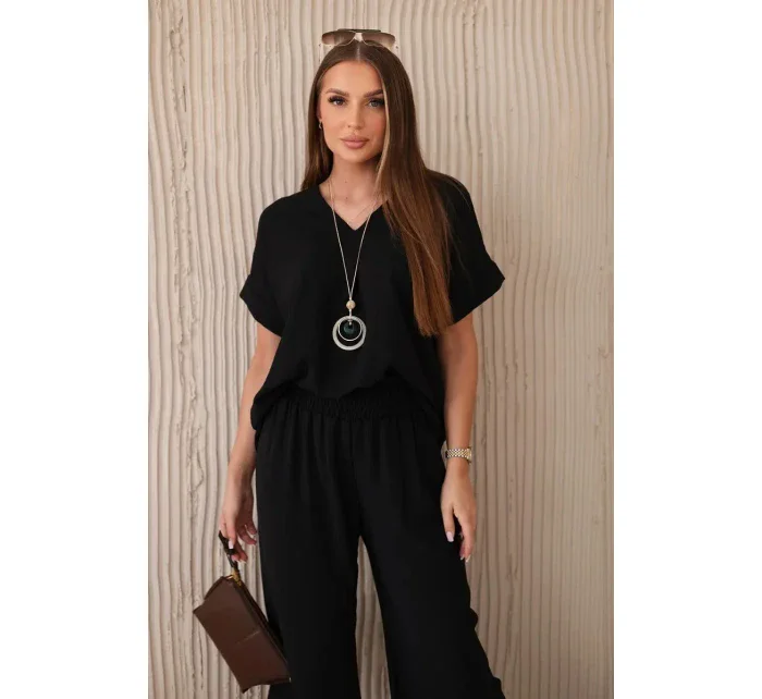 Komplet s náhrdelníkem halenka + kalhoty černý