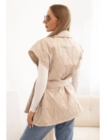 Dámská prošívaná vesta s páskem a širokým límcem tmavě béžová