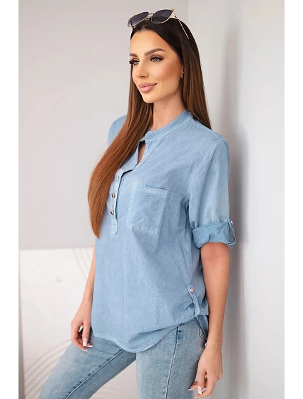 Dámská košilová bavlněná halenka s krátkým rukávem a kapsou model 22048815 - K-Fashion Dámská košilová bavlněná halenka s krátkým rukávem a kapsou model 22048815 - K-Fashion