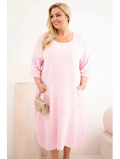 Dámské šaty Plus Size z viskózy s kapsami a krátkým rukávem bonbónově růžová