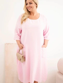 Dámské šaty Plus Size z viskózy s kapsami a krátkým rukávem bonbónově růžová
