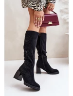 Zdobené dámské kozačky nad kolena zateplené na podpatku černé model 21671858 - S.Barski Zdobené dámské kozačky nad kolena zateplené na podpatku černé model 21671858 - S.Barski
