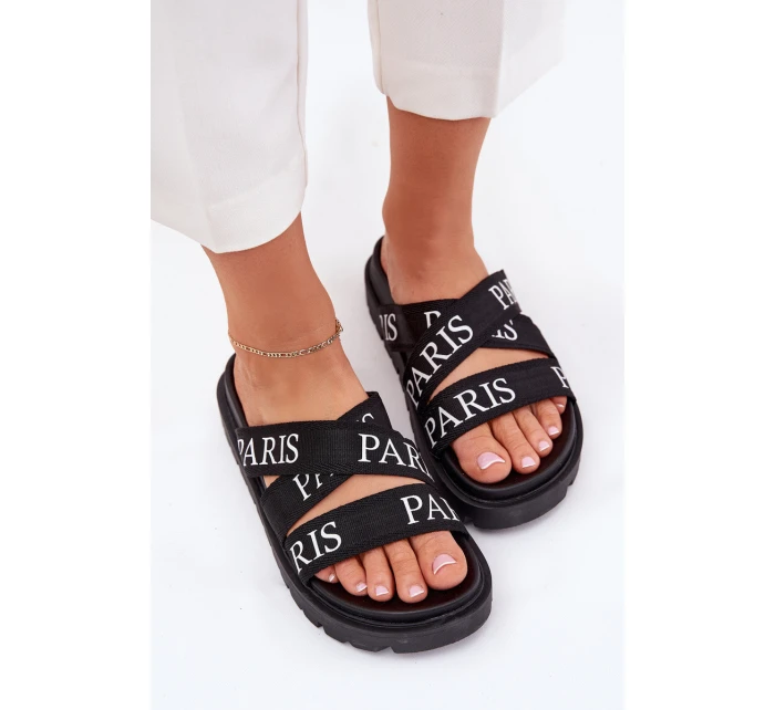 Dámské pantofle s textilními pásky Paris na platformě černé Celinea Dámské pantofle s textilními pásky Paris na platformě černé Celinea