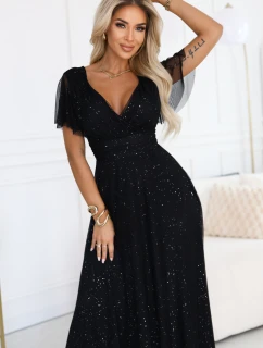 dlouhé lesklé šaty s výstřihem a krátkými rukávy černé model 21413760 - numoco basic