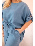 Dámská souprava Plus Size z tencelu, halenka s vázáním a široké kalhoty džínový