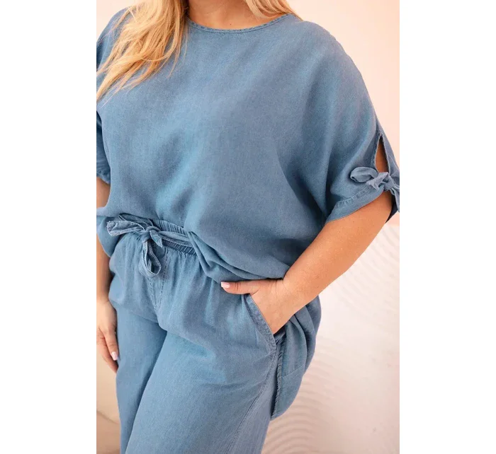 Dámská souprava Plus Size z tencelu, halenka s vázáním a široké kalhoty džínový