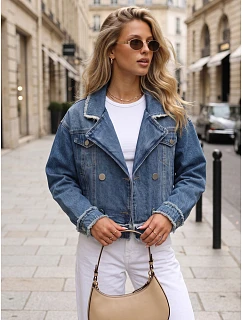 Krátká dámská džínová bunda s dvojřadým zapínáním, modrá, FashionStreet TY5682