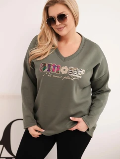 Dámská mikina Plus Size s nápisem a výstřihem do V khaki