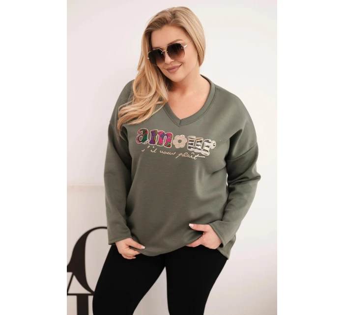 Dámská mikina Plus Size s nápisem a výstřihem do V khaki Dámská mikina Plus Size s nápisem a výstřihem do V khaki