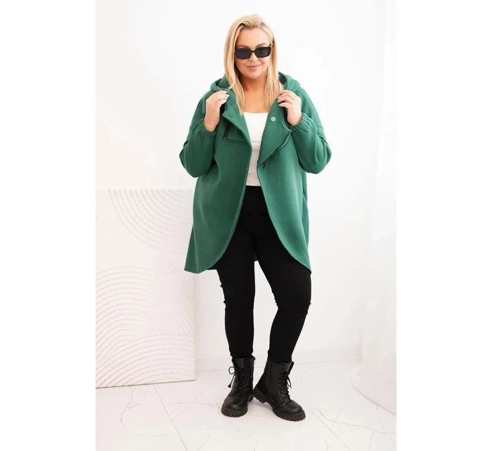 Dámská mikina Plus Size zateplená s kapucí a asymetrickým zipem tmavě zelená
