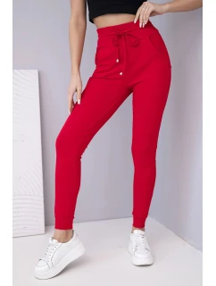 Dámské teplákové kalhoty s vysokým pasem a šňůrkou červené