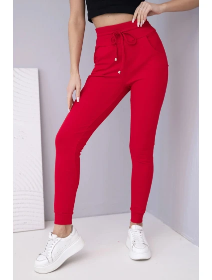 Dámské teplákové kalhoty s vysokým pasem a šňůrkou červené
