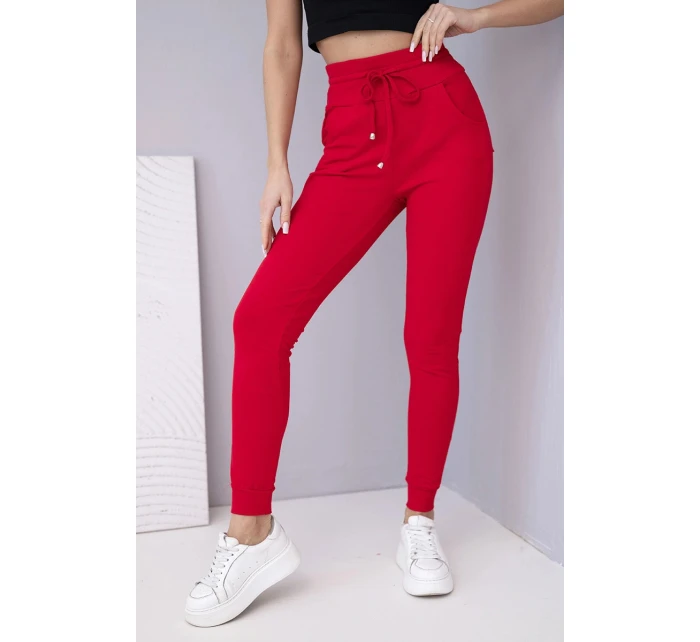 Dámské teplákové kalhoty s vysokým pasem a šňůrkou červené