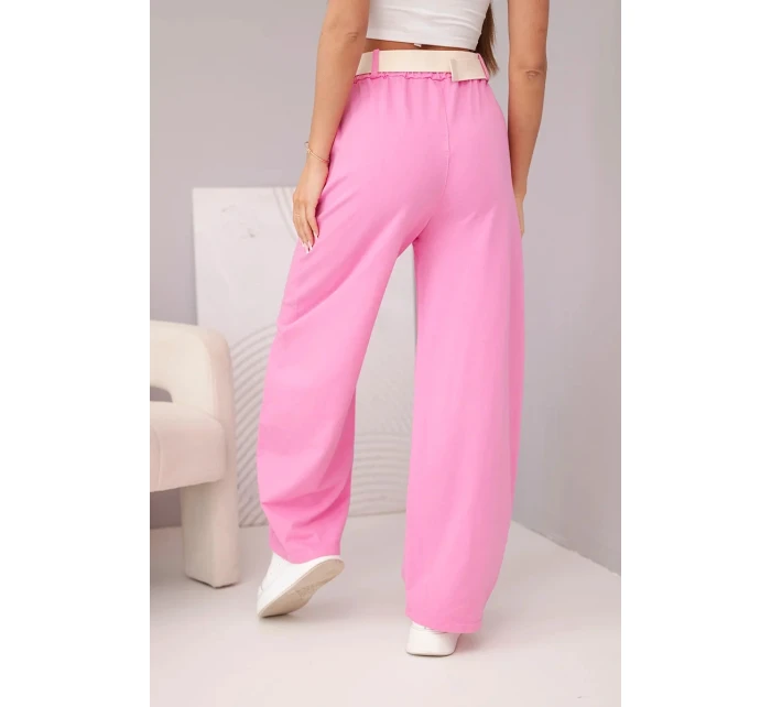 Dámské bavlněné kalhoty se širokou nohavicí a páskem cukrově růžová