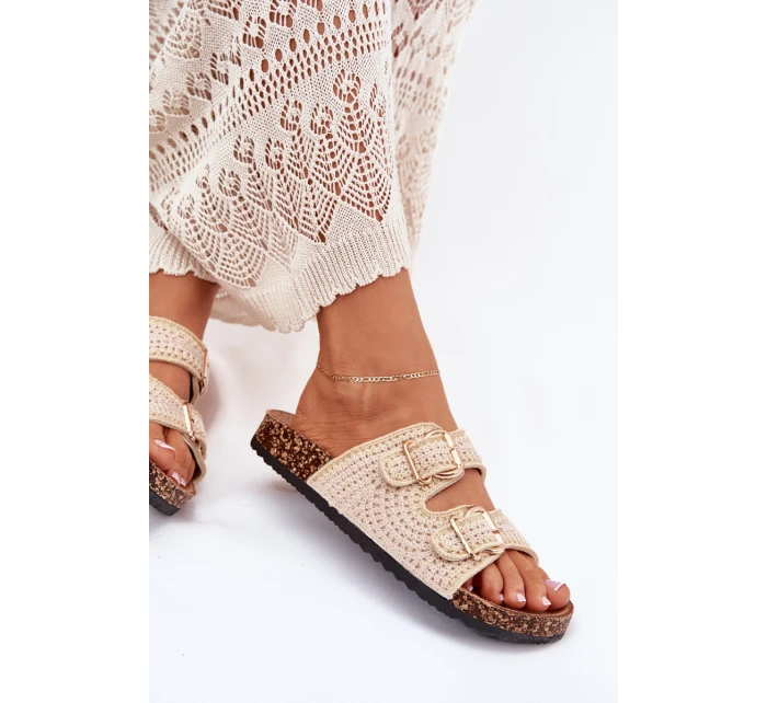 Háčkované dámské pantofle se zlatými přezkami béžové Fenira Háčkované dámské pantofle se zlatými přezkami béžové Fenira